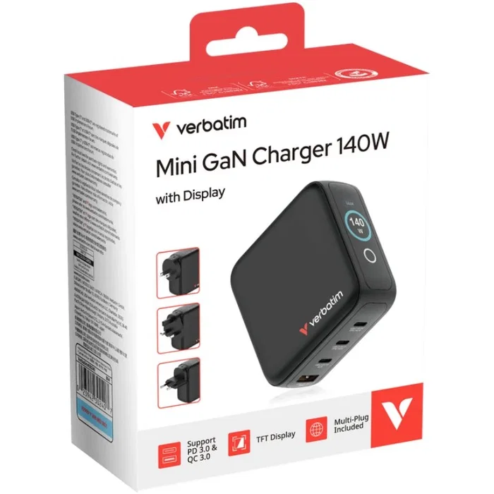 Verbatim Mini GaN Charger 140W con Pantalla, 3xUSB-C y 1xUSB-A, Negro Verbatim Mini GaN Charger 140W con Pantalla, 3xUSB-C y 1xUSB-A, Negro